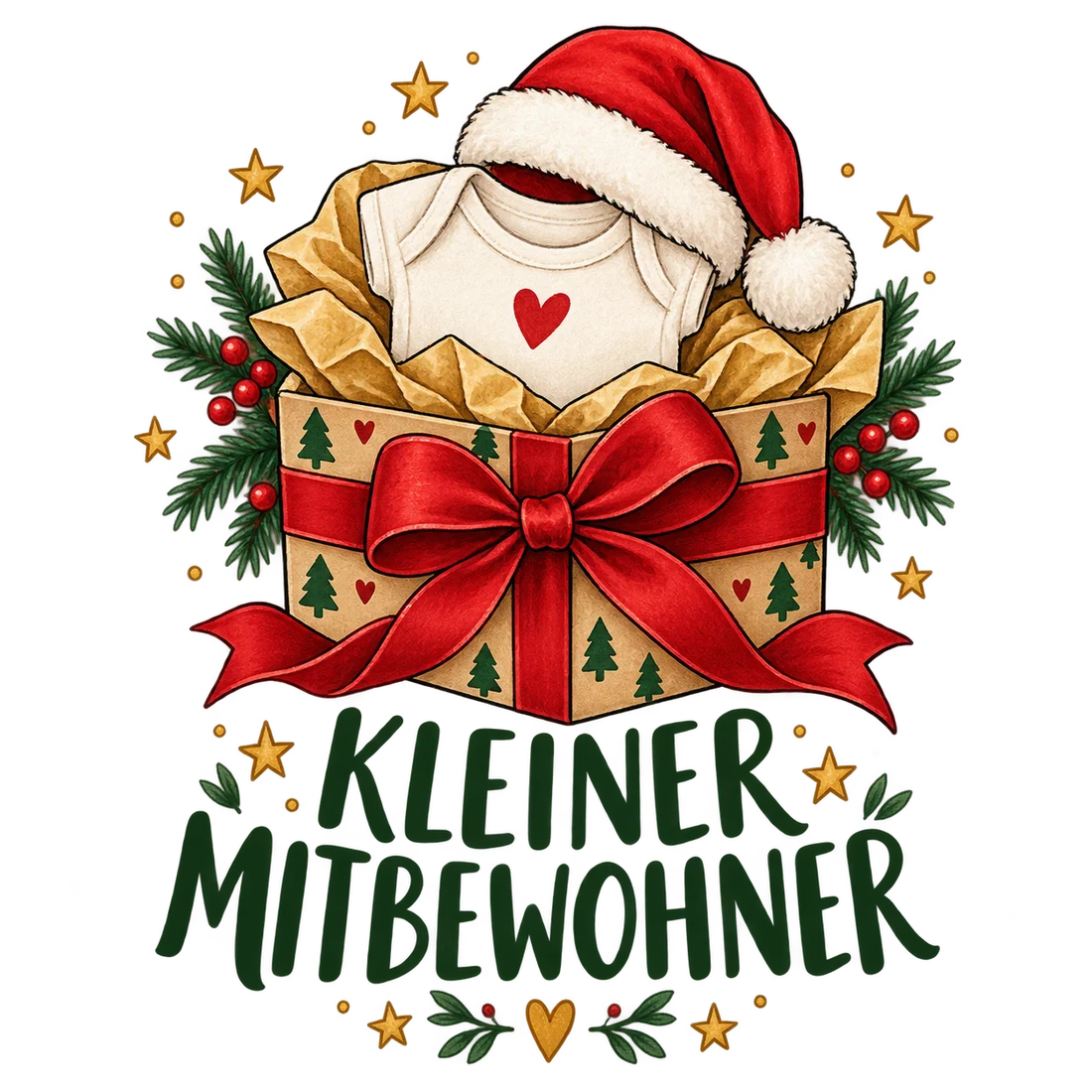 Babybody und Weihnachtsmütze im Geschenk mit Schriftzug Kleiner Mitbewohner