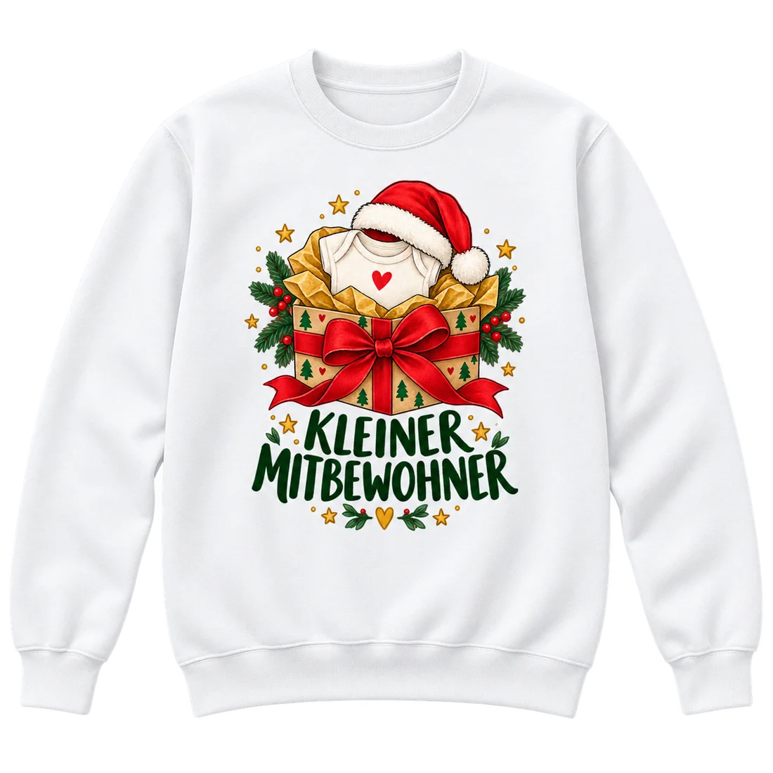 Weißer Unisex-Pullover: Babybody und Weihnachtsmütze im Geschenk mit Schriftzug Kleiner Mitbewohner