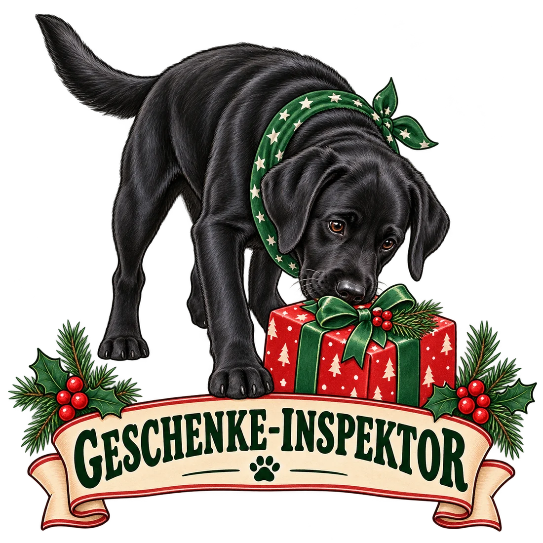 Schwarzer Labrador schnuppert an einem Geschenk, Schriftzug Geschenke-Inspektor