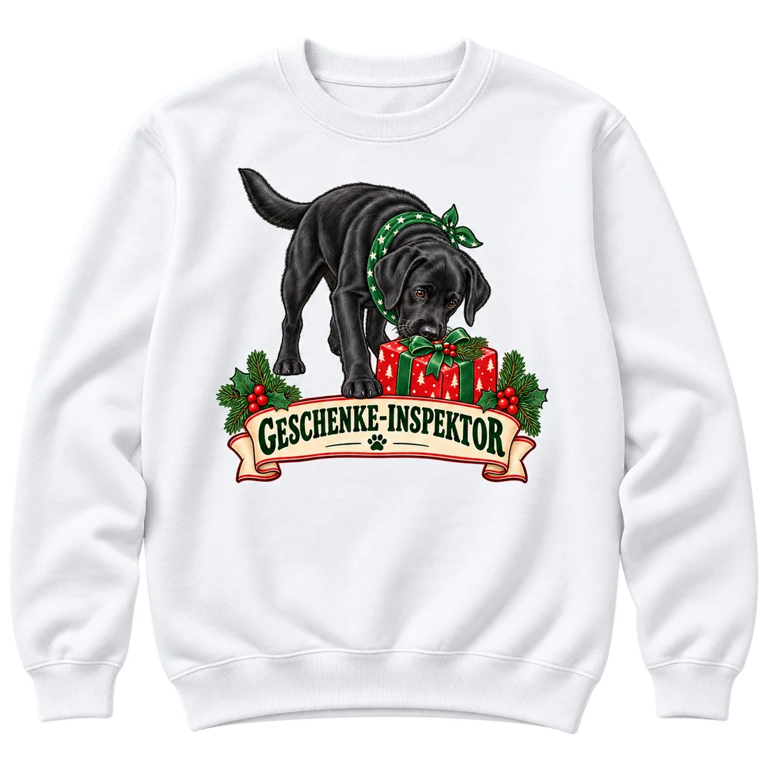 Weißer Unisex-Pullover: Schwarzer Labrador schnuppert an einem Geschenk, Schriftzug Geschenke-Inspektor