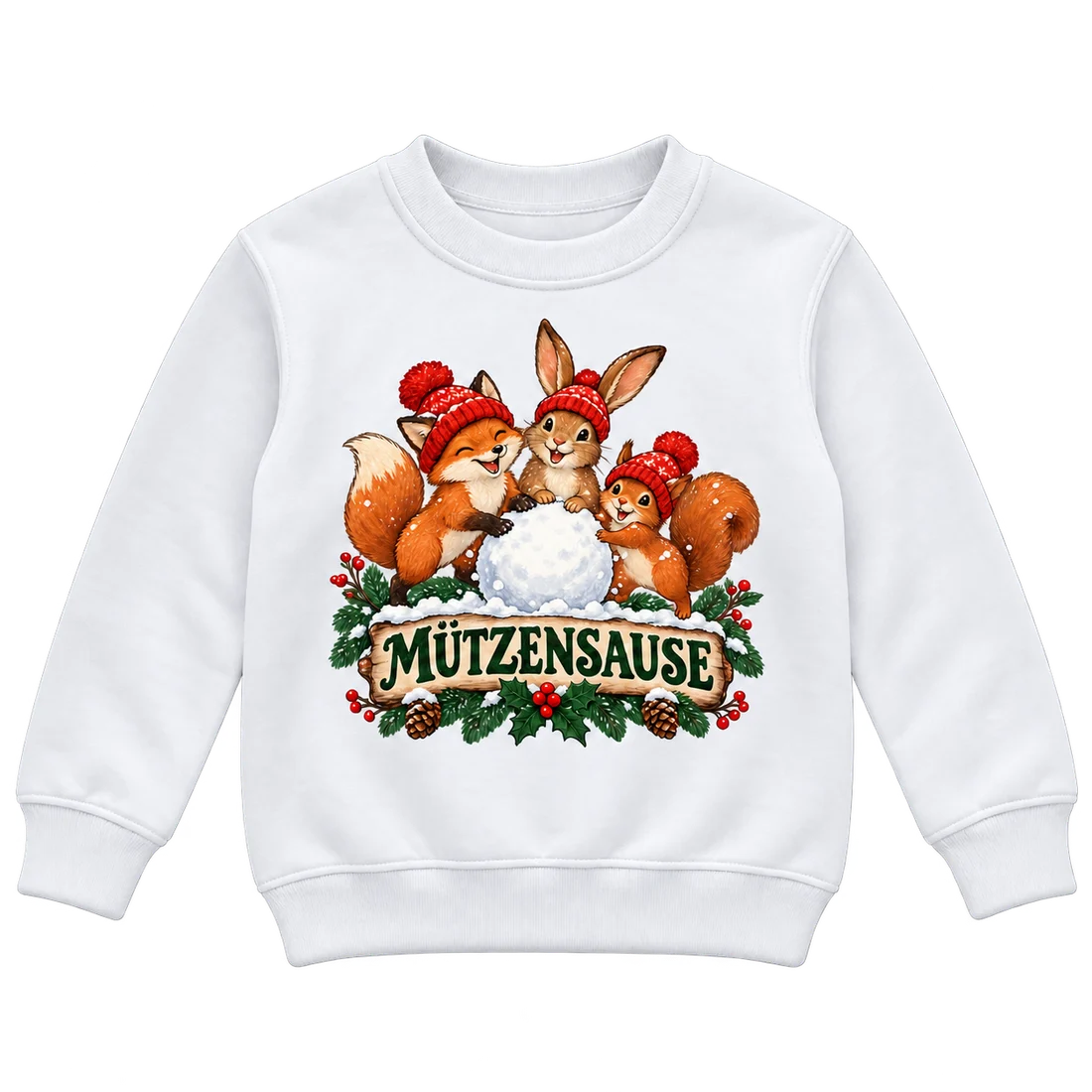 Weißer Kinderpullover: Drei Waldtiere in roten Mützen mit Schriftzug Mützensause