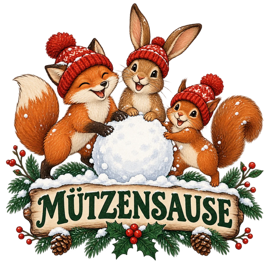 Fuchs, Hase und Eichhörnchen mit roten Mützen und Schriftzug Mützensause