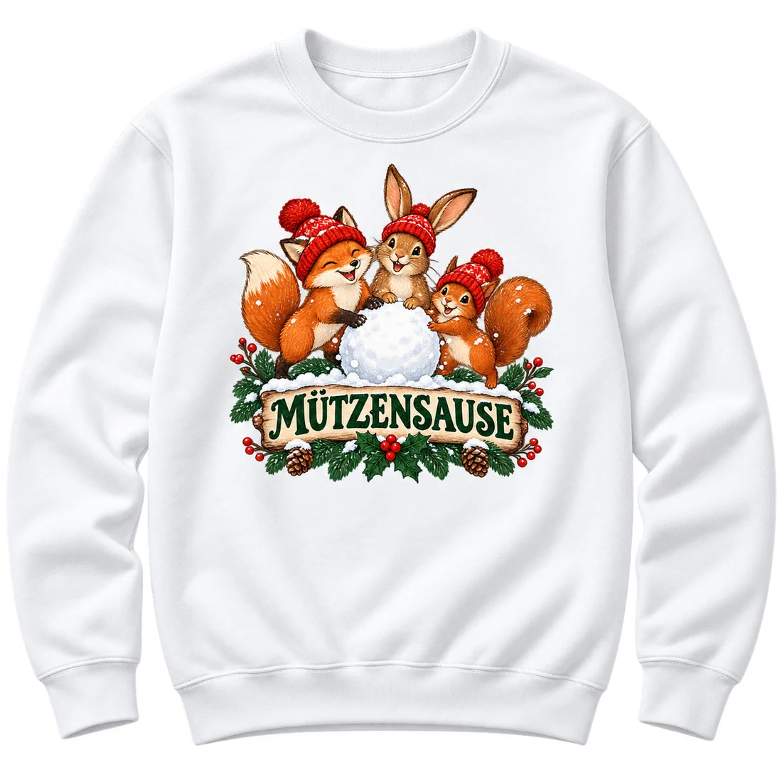 Weißer Unisex-Pullover: Fuchs, Hase und Eichhörnchen mit roten Mützen und Schriftzug Mützensause