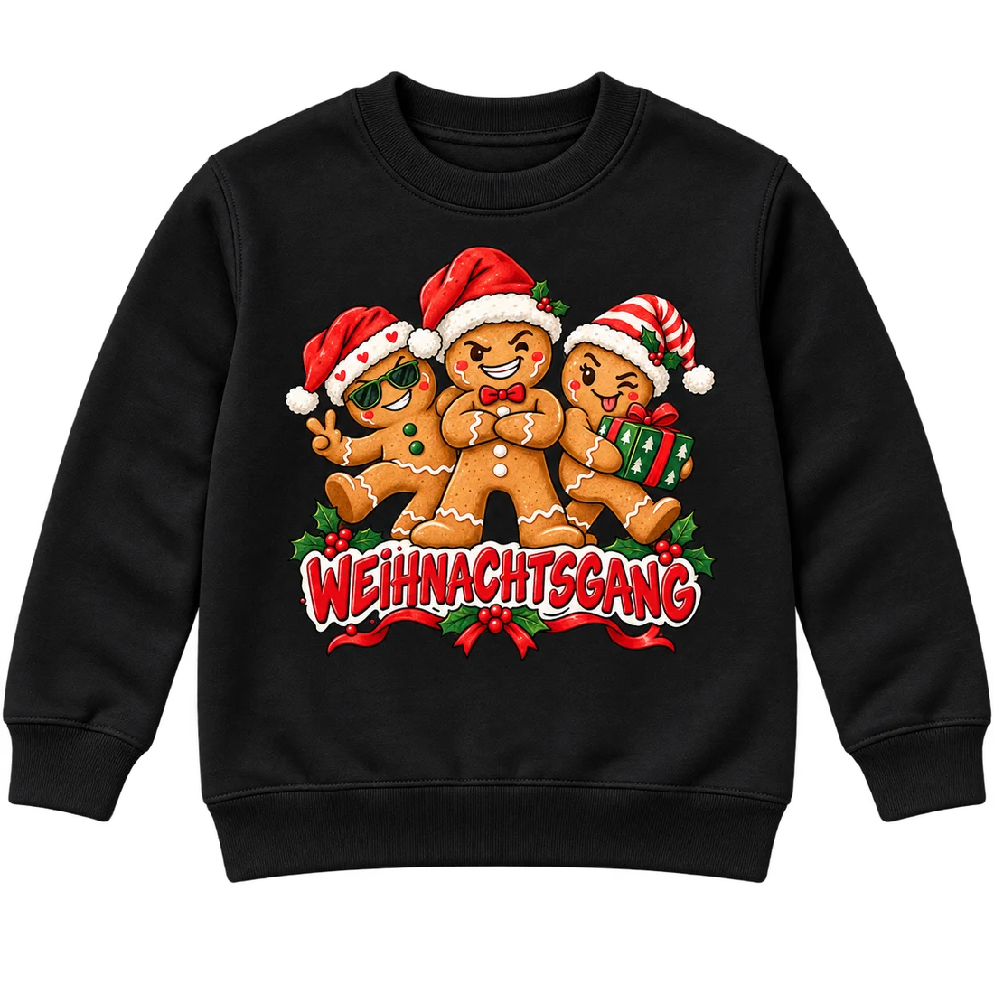 Schwarzer Kinderpullover: Drei Lebkuchenfreunde mit Schriftzug Weihnachtsgang