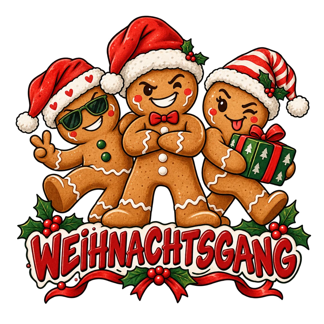 Drei freche Lebkuchenfiguren in Weihnachtsmützen und Schriftzug Weihnachtsgang