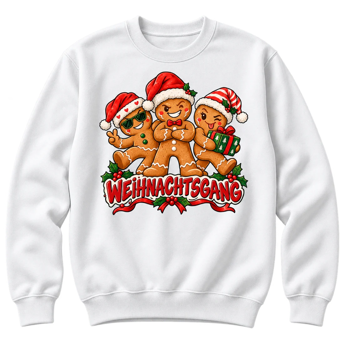 Weißer Unisex-Pullover: Drei freche Lebkuchenfiguren in Weihnachtsmützen und Schriftzug Weihnachtsgang