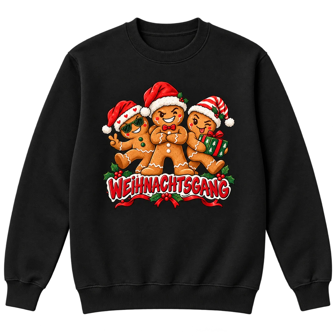 Schwarzer Unisex-Pullover: Drei freche Lebkuchenfiguren in Weihnachtsmützen und Schriftzug Weihnachtsgang