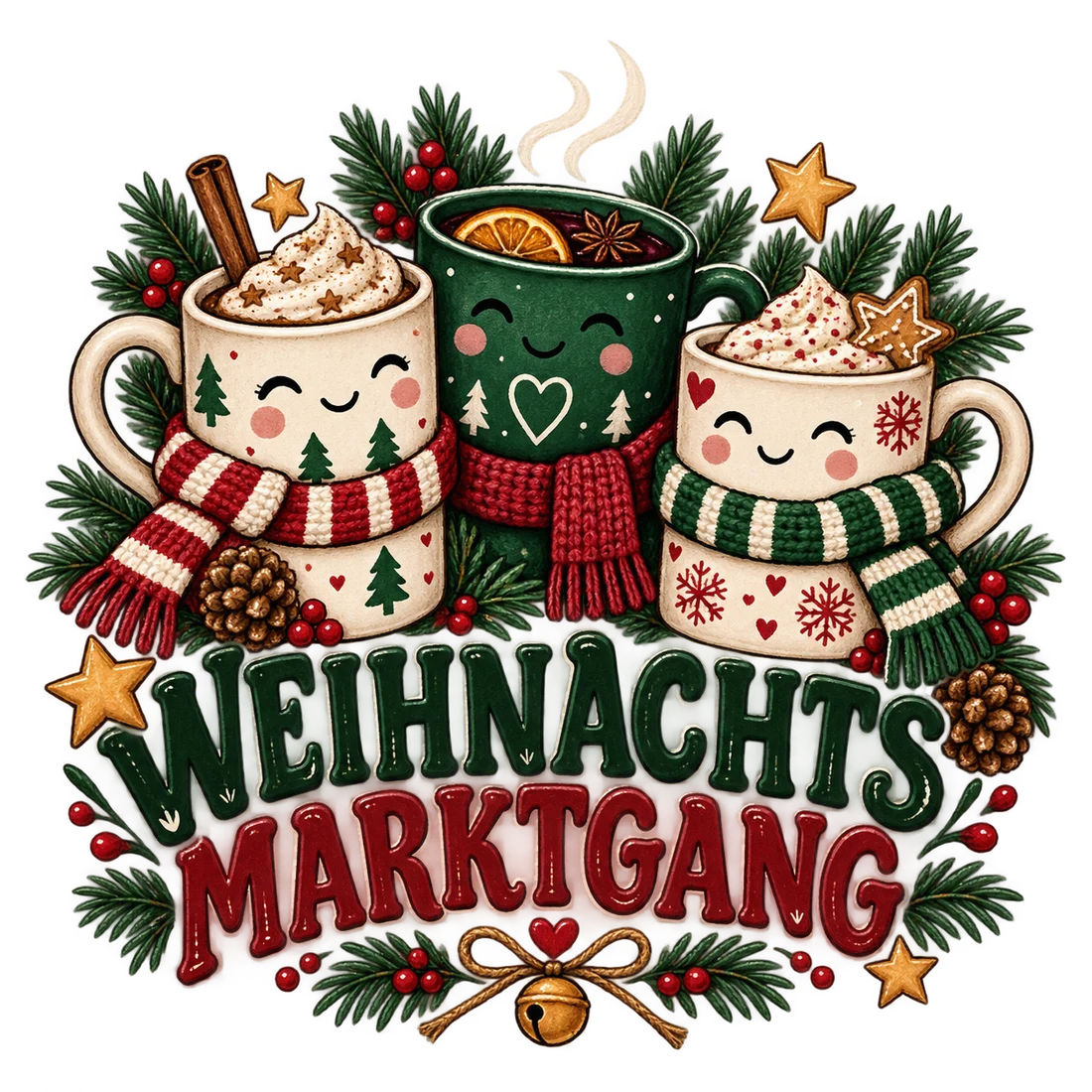 Drei lachende Wintertassen mit Schals und Schriftzug Weihnachtsmarktgang