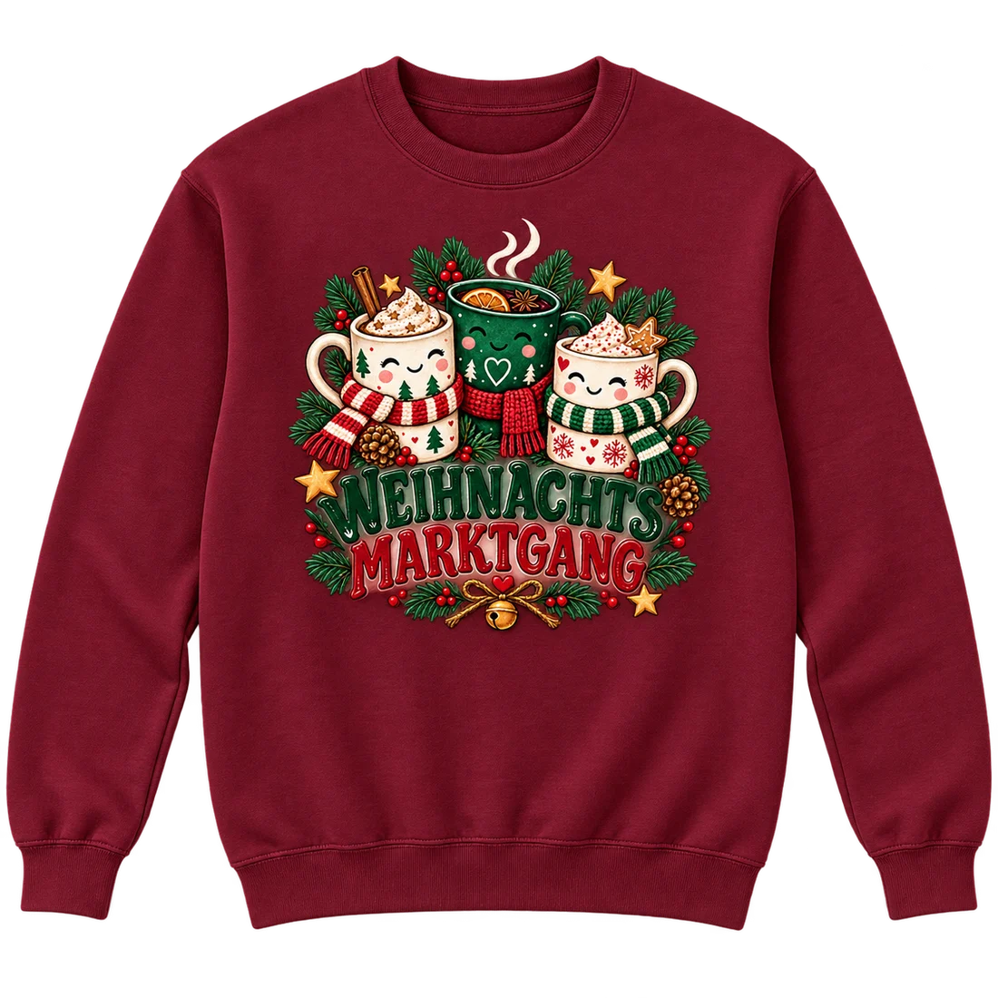 Bordeauxroter Unisex-Pullover: Drei lachende Wintertassen mit Schals und Schriftzug Weihnachtsmarktgang