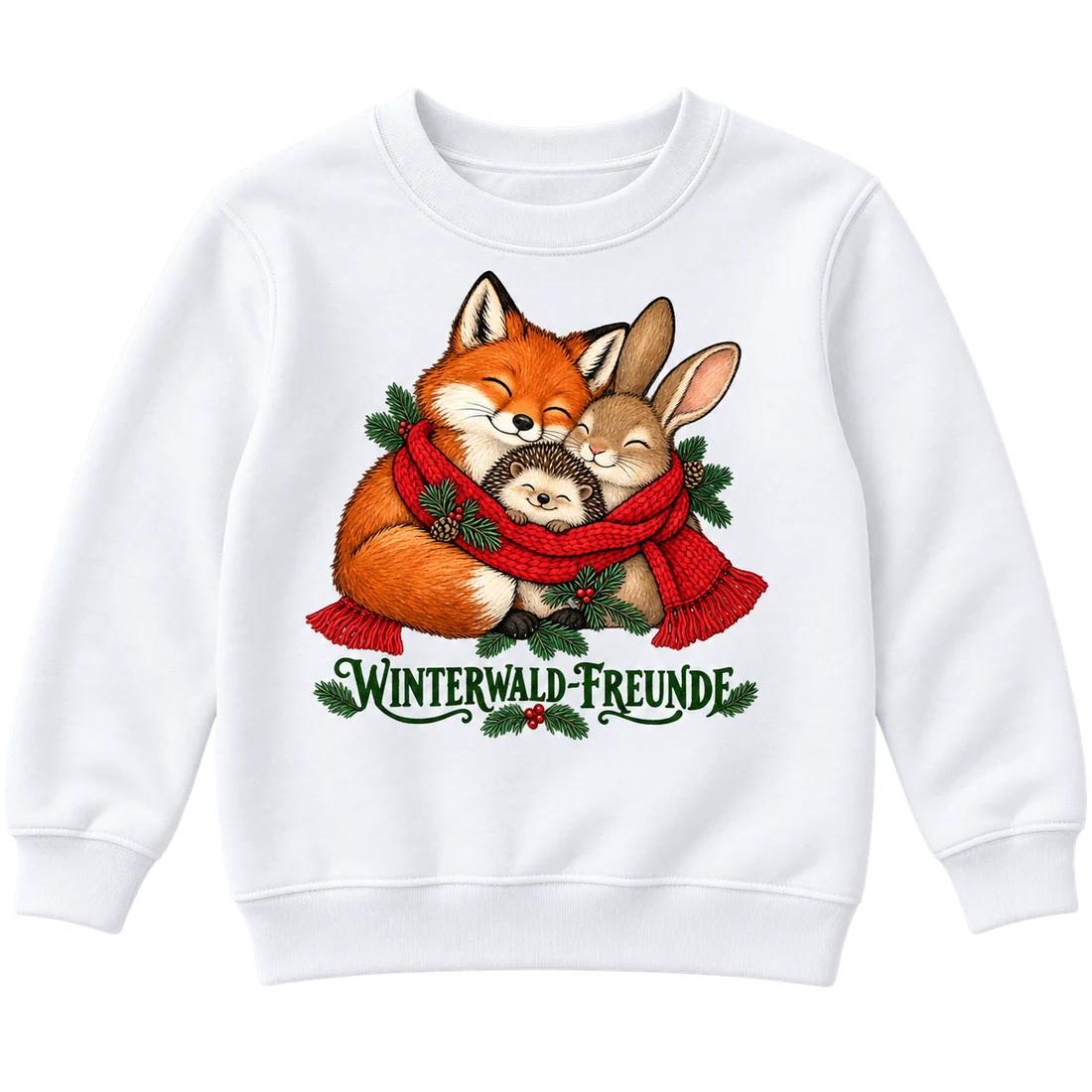 Weißer Kinderpullover: Winterwald-Freunde mit Waldtieren