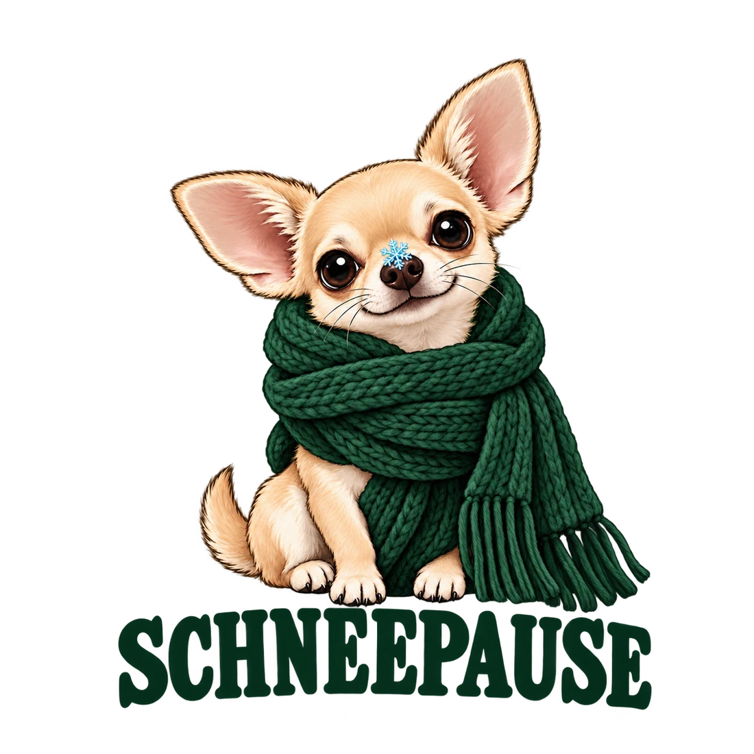 Beiger Chihuahua mit grünem Schal und Schriftzug Schneepause