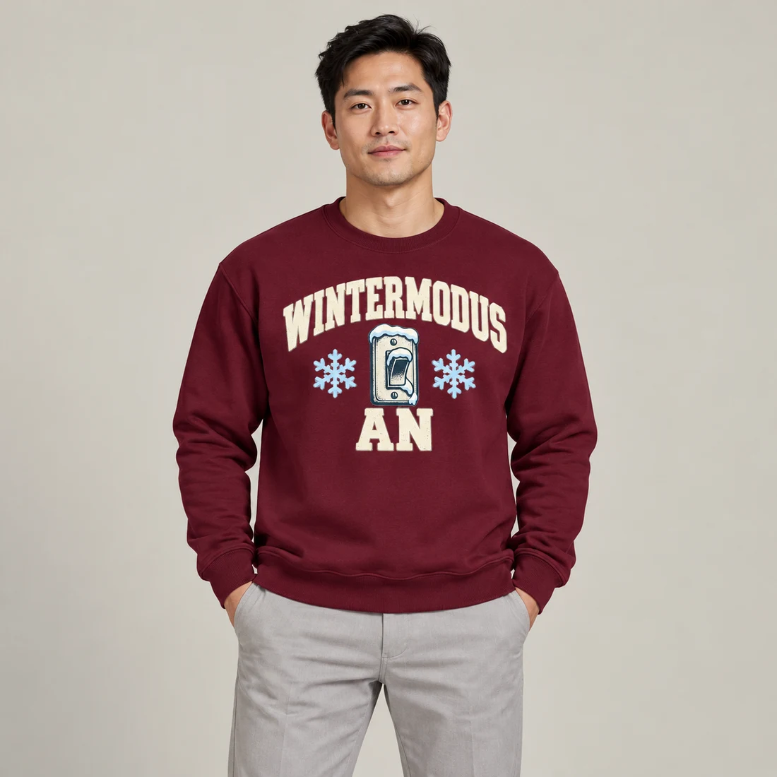 Bordeauxroter Unisex-Pullover: Verschneiter Schalter mit Schriftzug Wintermodus an